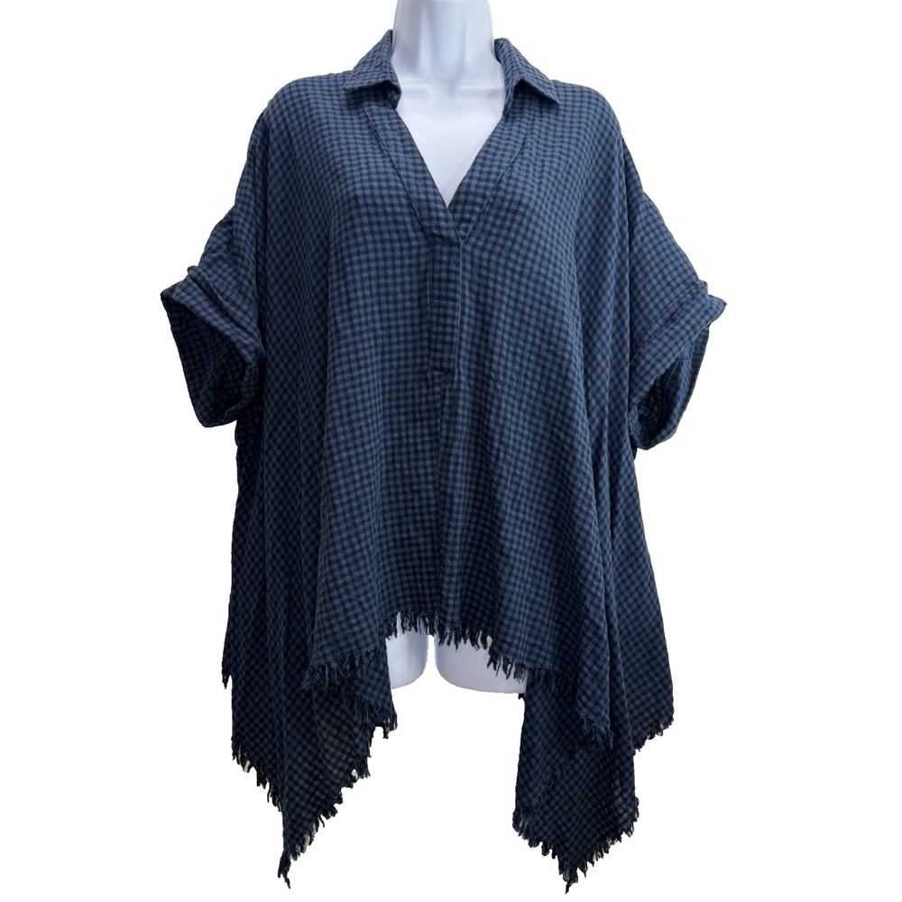 Umgee Black Blue Short Sleeve Shirt Handkerchief Hem Size Large